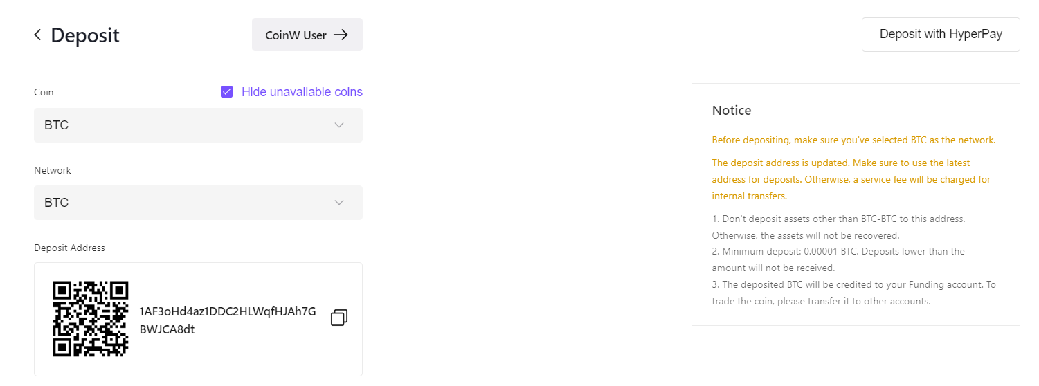 deposit on CoinW